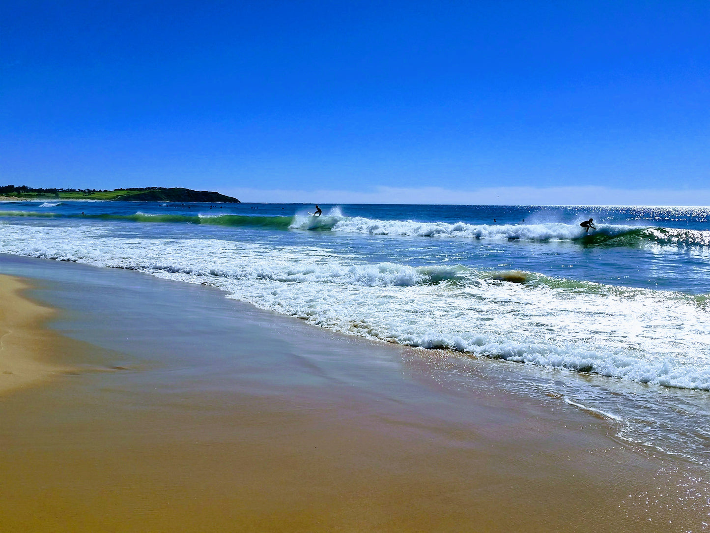 The midday sun shines down on Dee Why as surfers catch a wave, surrounded brilliant blue ocean