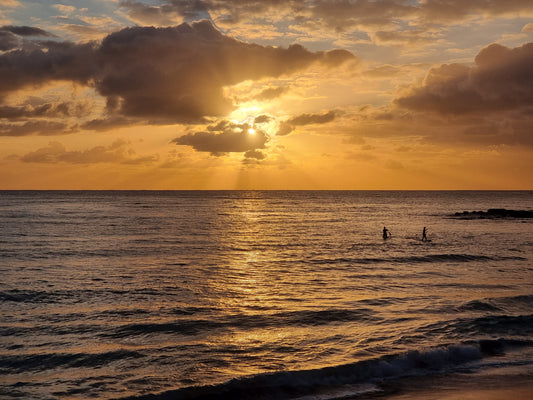 Dawn on Dee: photographic print- Golden Sunrise & surfers