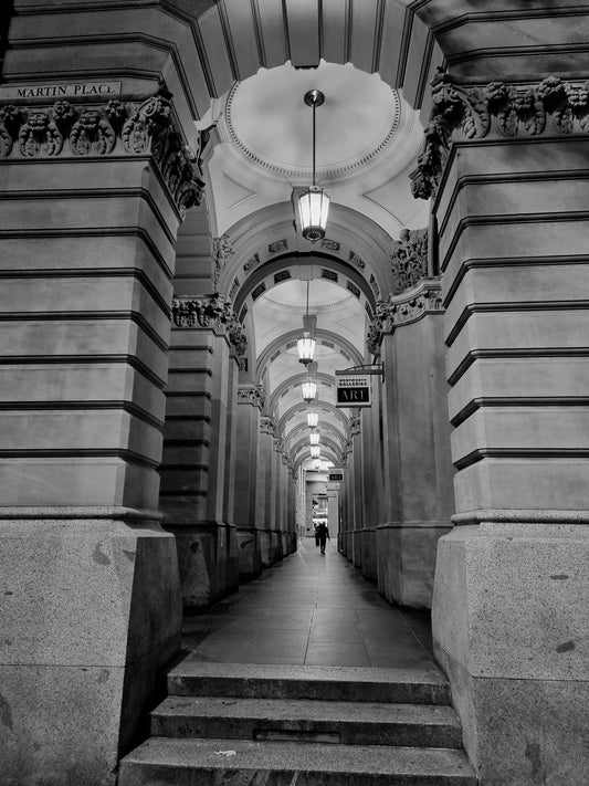 Capturing the intricate detail of the sandstone archways of the GPO, Martin Place, in black and white.