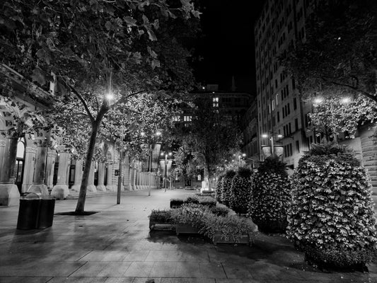Martin Pace, black and white photo, pre-dawn, highlighting the beautiful granite columns the GPO. 