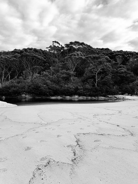 Beautiful landscape photography. Hyams Beach, black and white print.